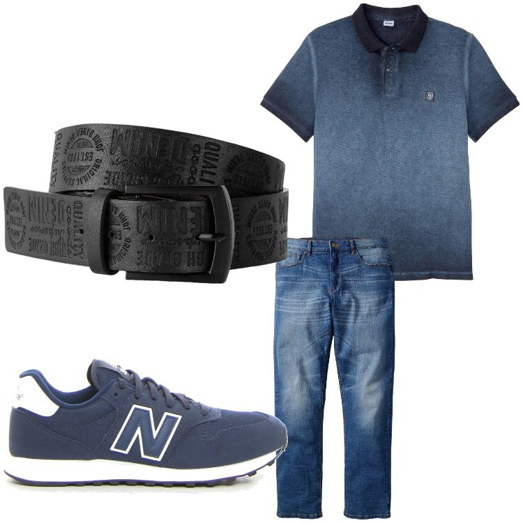 Outfit uomo - Tutto jeans. Stile Casual per Tutti i giorni. Abbinamento con jeans dritti, polo, cinture, sneakers.
