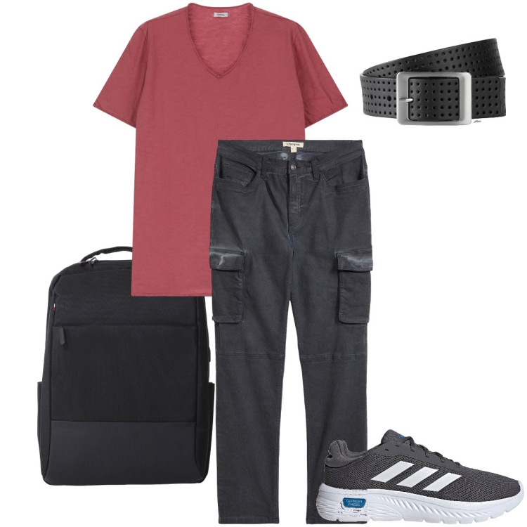 Outfit uomo - La t-shirt bordeaux. Stile Casual per Tutti i giorni. Abbinamento con pantaloni cargo, cinture, t-shirt, borse sportive, sneakers.