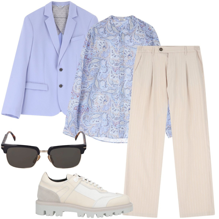 Outfit uomo - Pronto per la cerimonia. Stile Trendy per Cerimonia. Abbinamento con scarpe stringate, giacche, pantaloni, camicie, occhiali da sole.