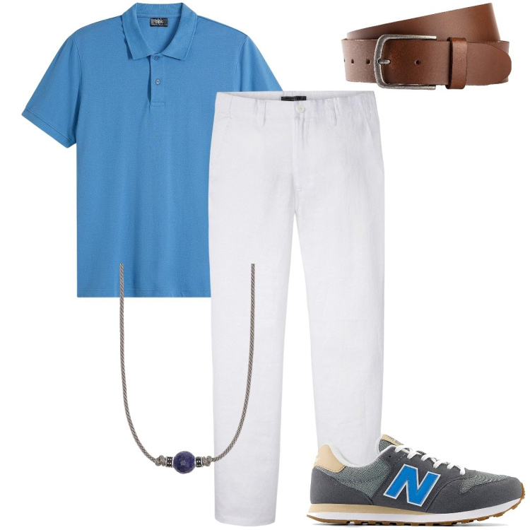 Outfit uomo - La polo azzurra. Stile Urban per Tutti i giorni. Abbinamento con cinture, pantaloni, polo, collane, sneakers.