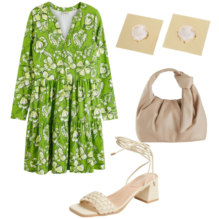 Outfit donna - È l\' ora del caffè. per Tutti i giorni. Abbinamento con borse a mano, vestiti, sandali alla schiava, orecchini.
