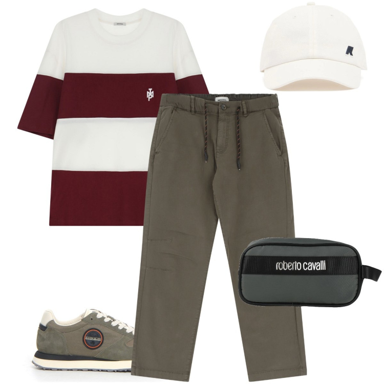 Outfit uomo - La t-shirt a righe. Stile Casual per Tutti i giorni. Abbinamento con borse sportive, pantaloni, t-shirt, cappelli, sneakers.