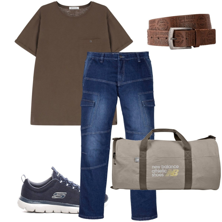 Outfit uomo - Vado in palestra. Stile Casual per Sport. Abbinamento con cinture, jeans dritti, borse sportive, t-shirt, sneakers.