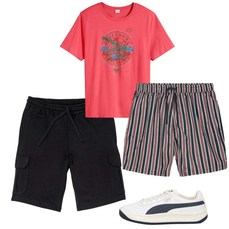 Outfit uomo - Maggio. Stile Casual per Mare. Abbinamento con bermuda, t-shirt, sneakers, costumi.