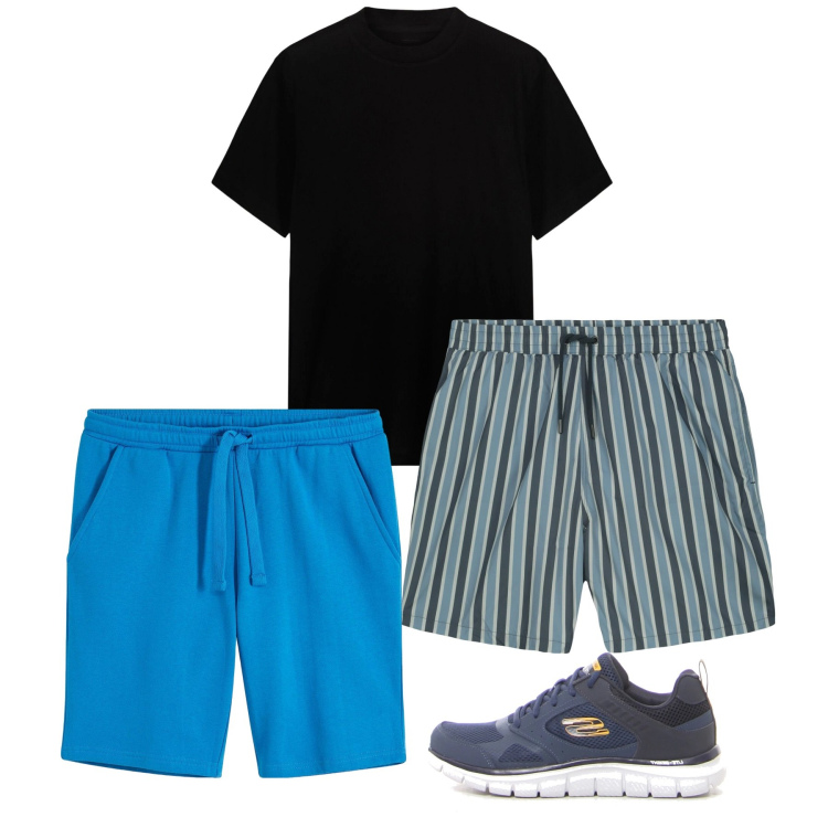 Outfit uomo - Casual sporty. Stile Casual per Mare. Abbinamento con bermuda, t-shirt, costumi, sneakers.