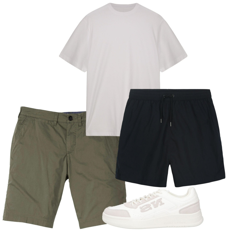 Outfit uomo - Maggio. Stile Casual per Tutti i giorni. Abbinamento con bermuda, sneakers, t-shirt, costumi.