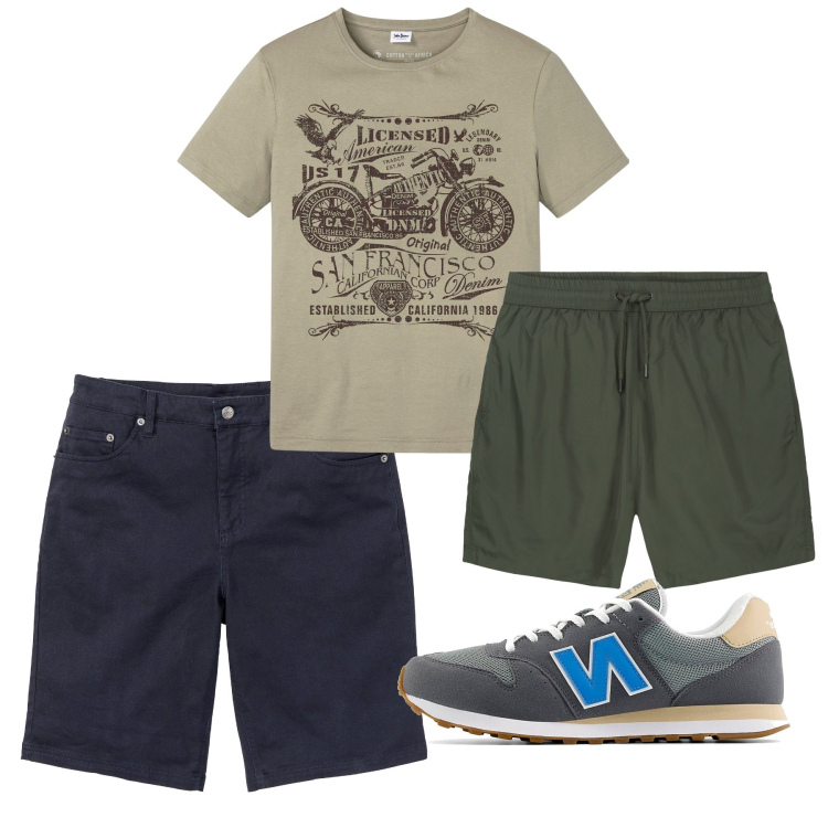 Outfit uomo - Aperitivo al mare. Stile Casual per Mare. Abbinamento con bermuda, t-shirt, costumi, sneakers.