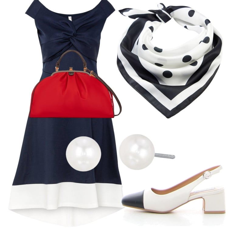 Outfit donna - Vintage retrò. Stile Vintage retrò per Cerimonia. Abbinamento con vestiti, foulard, orecchini, décolleté, borse a spalla.