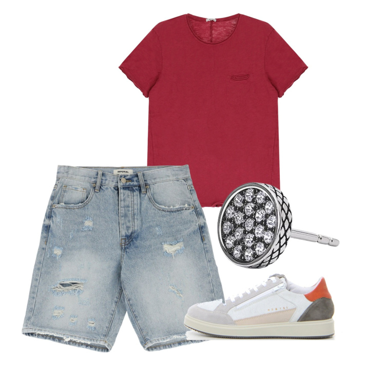 Outfit uomo - Rosso. Stile Casual per Tutti i giorni. Abbinamento con orecchini, bermuda, t-shirt, sneakers.