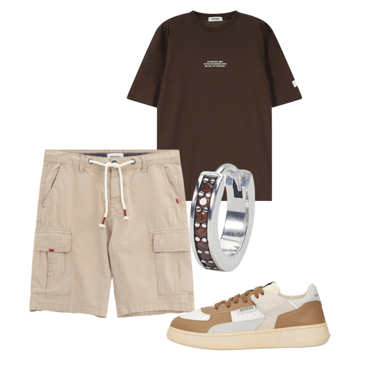 Outfit uomo - Marrone. Stile Casual per Tutti i giorni. Abbinamento con sneakers, orecchini, t-shirt, bermuda.