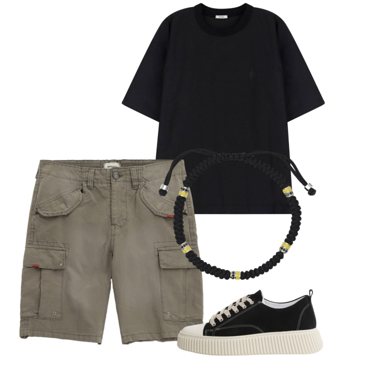 Outfit uomo - Nero e caki. Stile Casual per Tutti i giorni. Abbinamento con braccialetti, sneakers, bermuda, t-shirt.