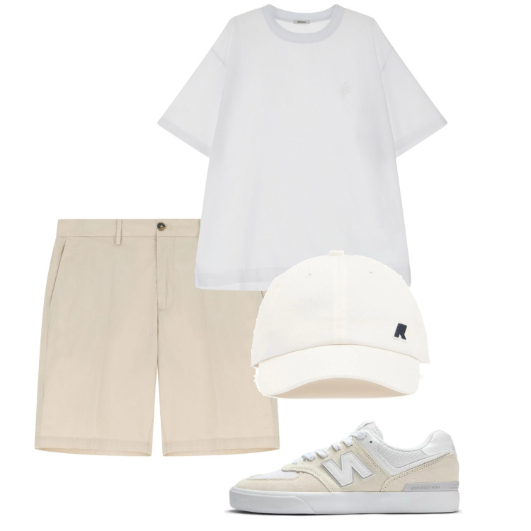 Outfit uomo - Bianco. Stile Casual per Tutti i giorni. Abbinamento con sneakers, t-shirt, bermuda, cappelli.
