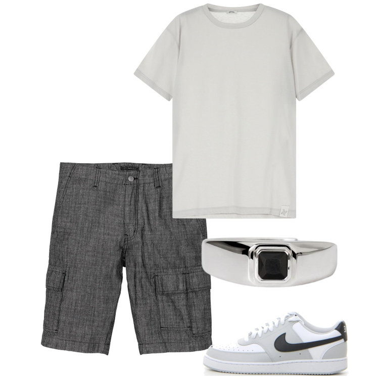 Outfit uomo - Grigio. Stile Casual per Tutti i giorni. Abbinamento con bermuda, anelli, t-shirt, sneakers.