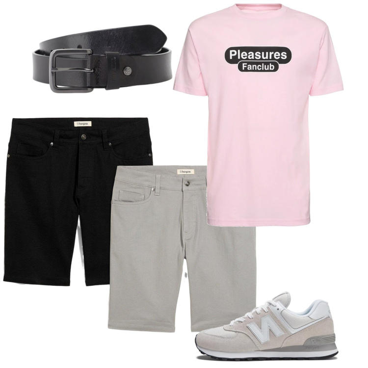 Outfit uomo - Pink. Stile Casual per Tutti i giorni. Abbinamento con bermuda, sneakers, cinture, t-shirt.