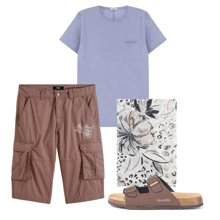 Outfit uomo - Tocco viola. Stile Casual per Tutti i giorni. Abbinamento con bermuda, t-shirt, sciarpe e foulard, sandali.