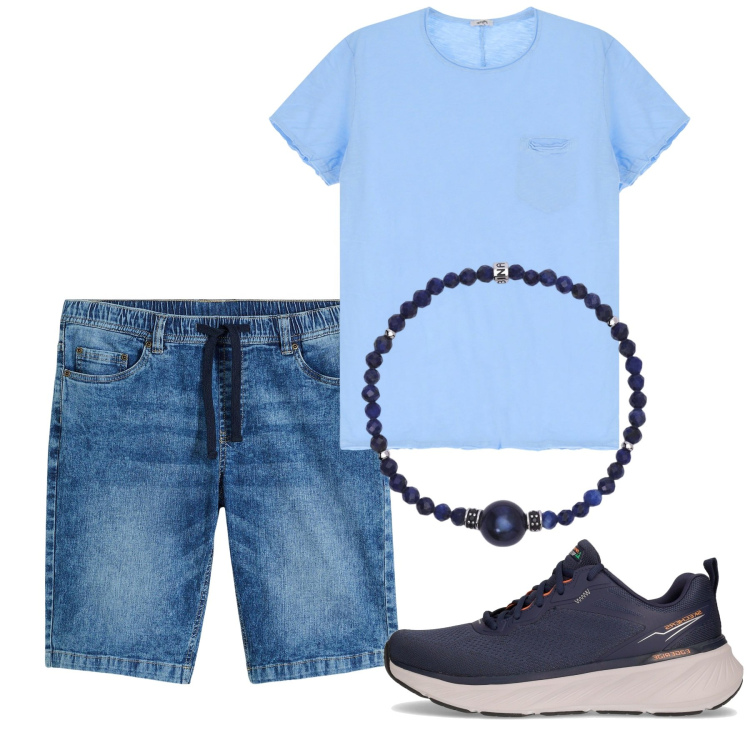 Outfit uomo - Tanto blu. Stile Casual per Tutti i giorni. Abbinamento con bermuda, braccialetti, t-shirt, sneakers.