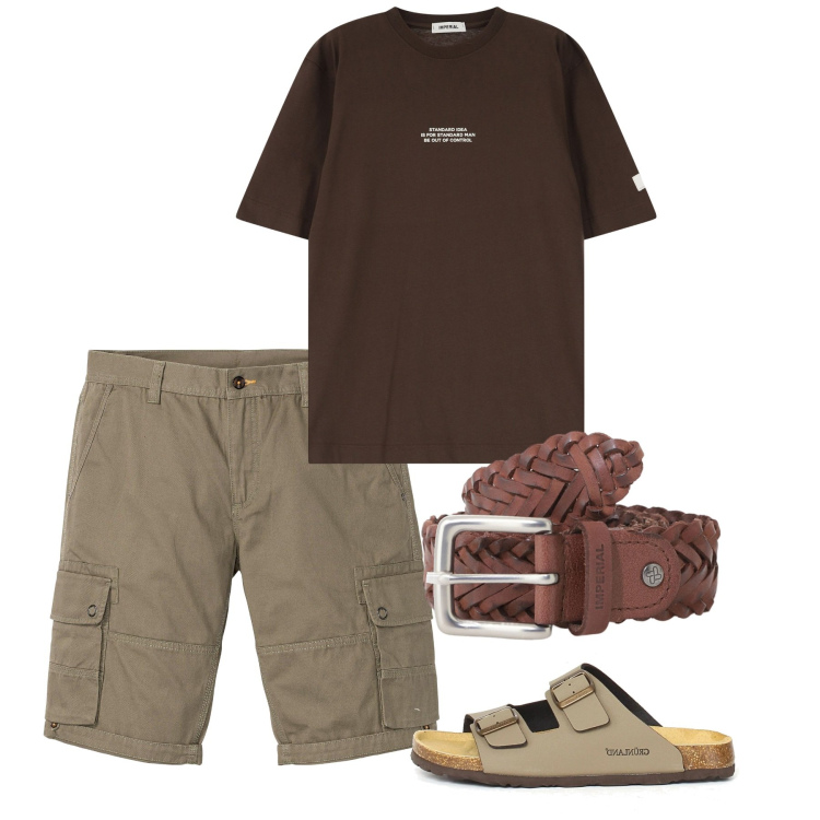 Outfit uomo - Wood. Stile Casual per Tutti i giorni. Abbinamento con bermuda, t-shirt, cinture, sandali.