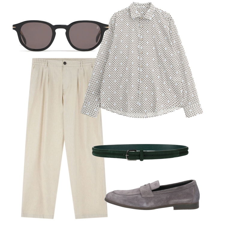 Outfit uomo - Aperitivo. Stile Trendy per Tutti i giorni. Abbinamento con cinture, scarpe stringate, pantaloni, camicie, occhiali da sole.