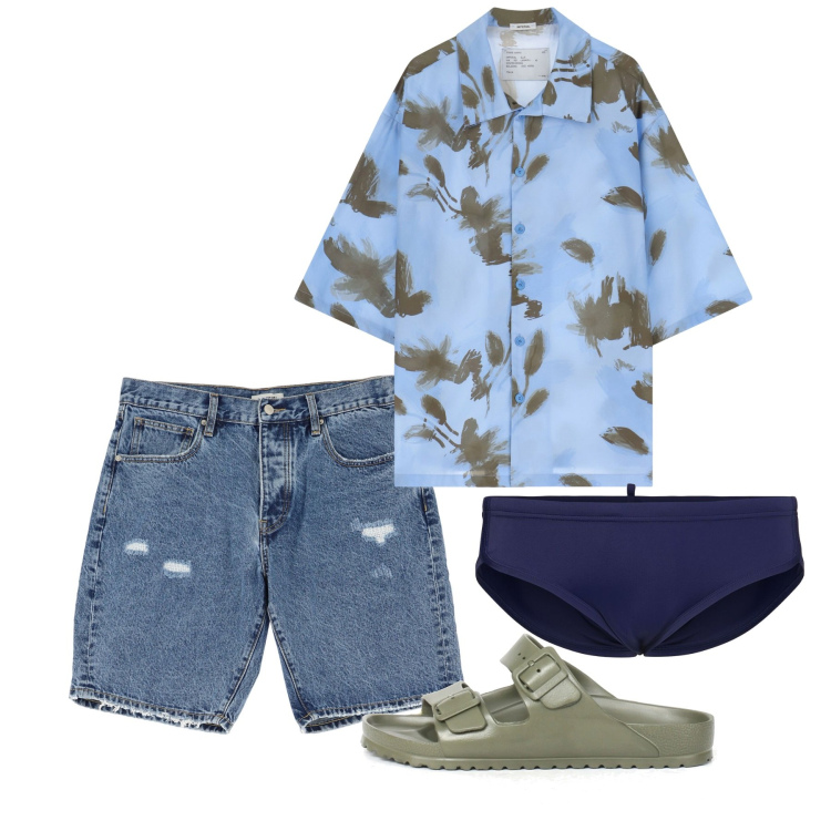 Outfit uomo - Mare. Stile Casual per Tutti i giorni. Abbinamento con bermuda, camicie a manica corta, costumi, sandali.