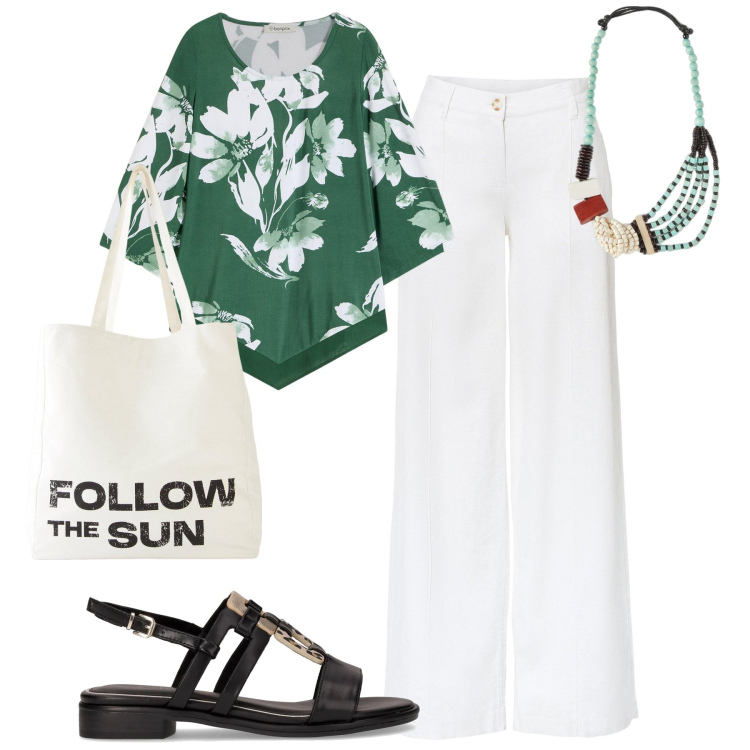 Outfit donna - Weekend. Stile Casual chic per Mare. Abbinamento con pantaloni a palazzo, bluse, shopping bag, collane, sandali.