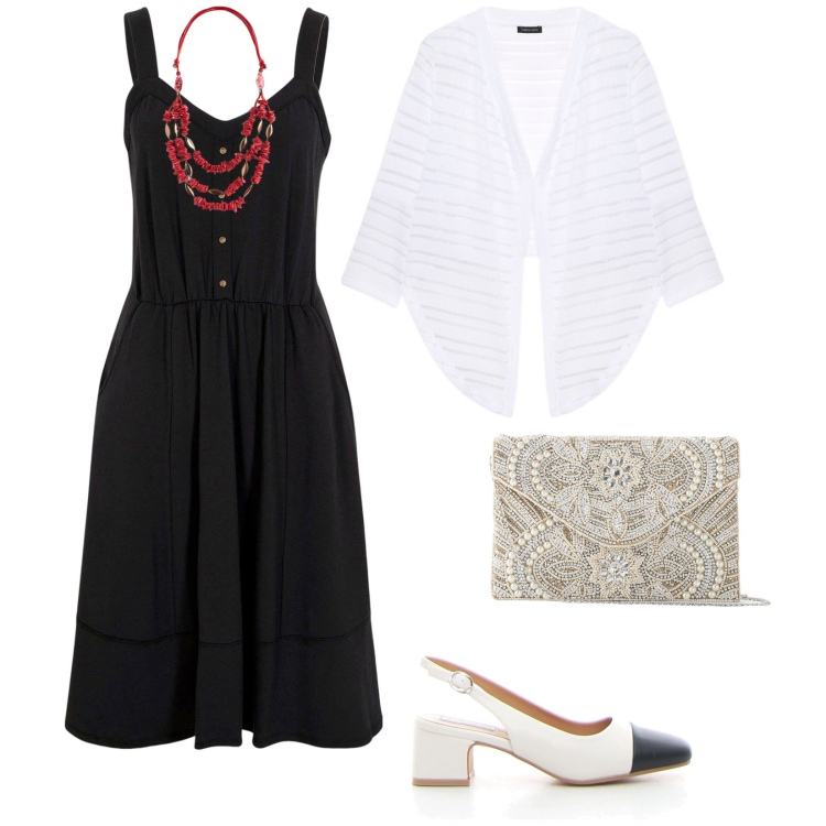Outfit donna - Una semplice serata. per Serata fuori. Abbinamento con vestiti, pochette, bolero, décolleté, collane.