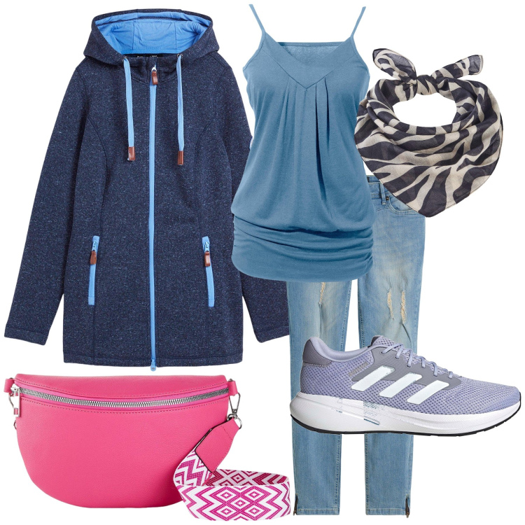 Outfit donna - Acquazzone. Stile Casual per Tutti i giorni. Abbinamento con top, blazer, foulard, jeans strappati, marsupi, sneakers.