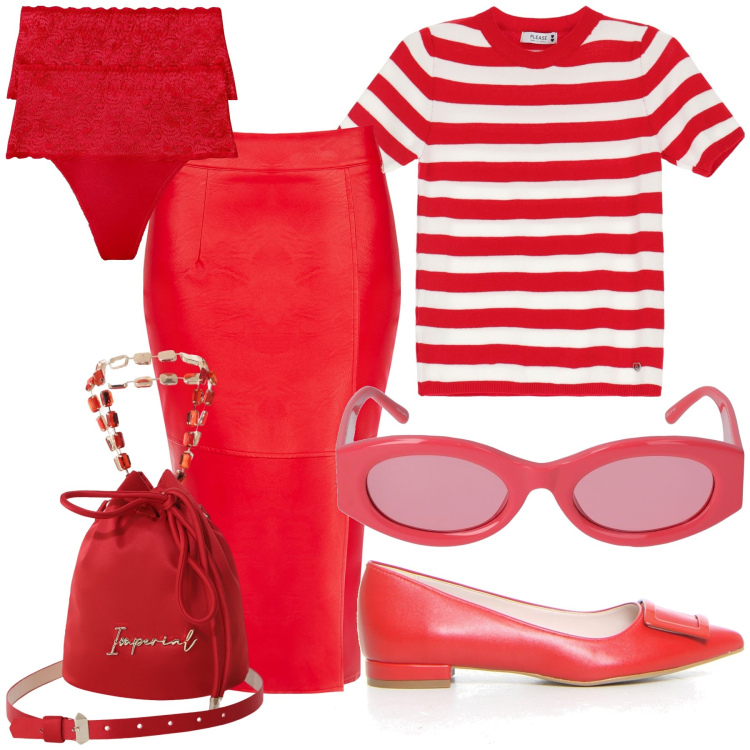 Outfit donna - Red total look. Stile Trendy per Tutti i giorni. Abbinamento con perizomi, maglieria, gonne longuette, borse a secchiello, ballerine, occhiali da sole.