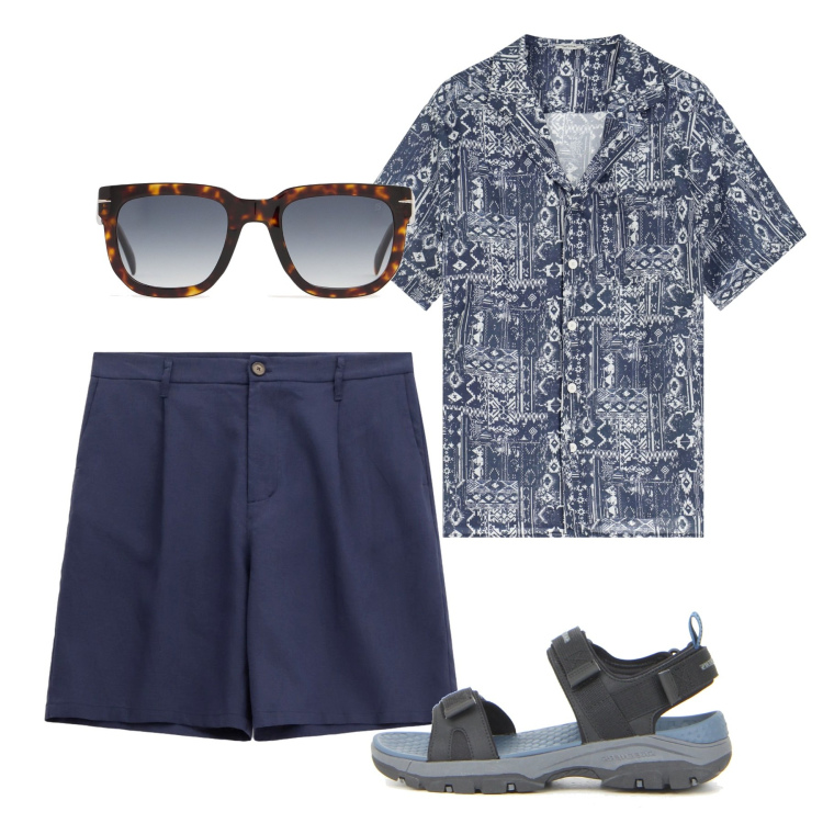 Outfit uomo - Blu. Stile Casual per Tutti i giorni. Abbinamento con camicie a manica corta, bermuda, occhiali da sole, sandali.