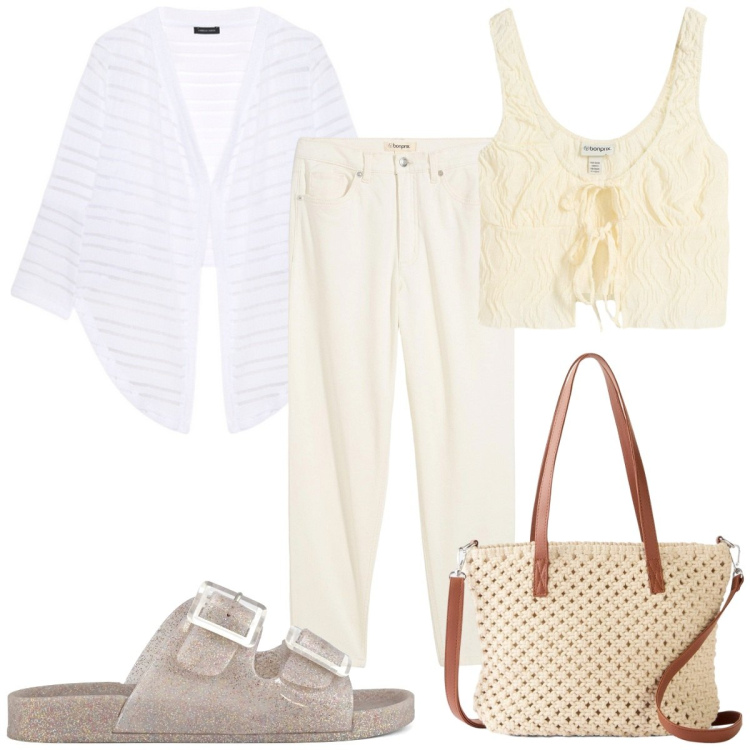 Outfit donna - Total look #2174975. Stile Etnico per Tutti i giorni. Abbinamento con borse a mano, jeans mom, top, sandali, bolero.