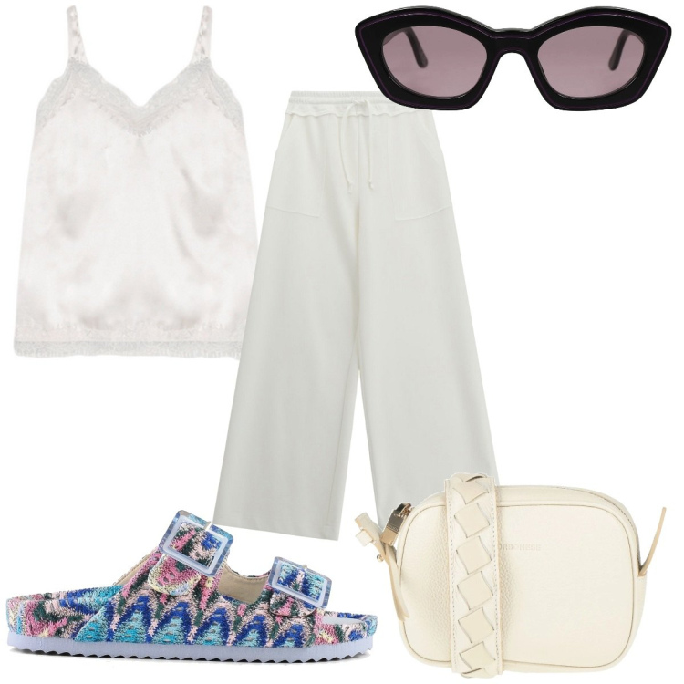 Outfit donna - Total look #2174978. Stile Trendy per Tutti i giorni. Abbinamento con borse a tracolla, occhiali da sole, pantaloni, sandali, canottiere.