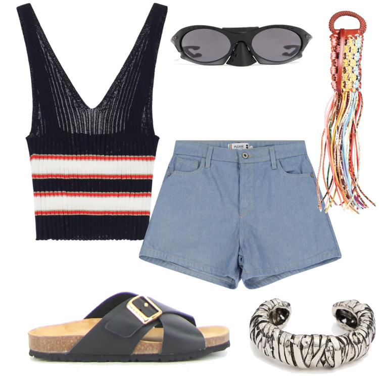 Outfit donna - Saturday. Stile Trendy per Tutti i giorni. Abbinamento con borse a tracolla, shorts, top, occhiali da sole, braccialetti, ciabatte.