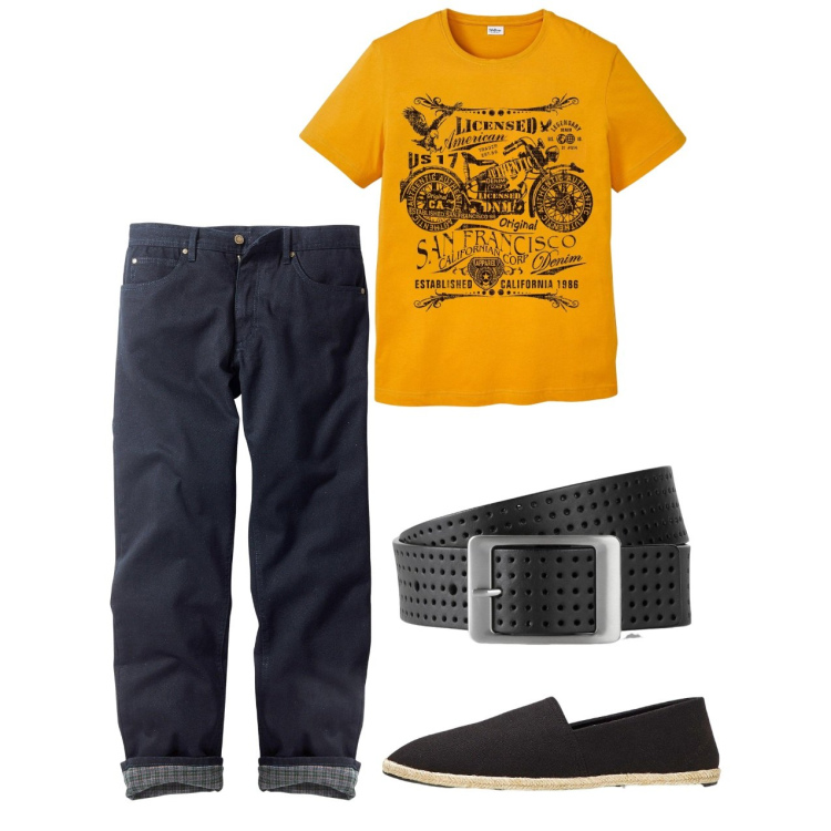 Outfit uomo - Casualissimo. Stile Casual per Tutti i giorni. Abbinamento con jeans dritti, espadrillas, cinture, t-shirt.