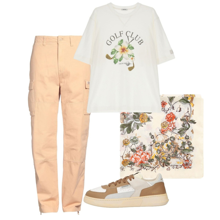 Outfit uomo - Un foulard per lei. Stile Trendy per Tutti i giorni. Abbinamento con pantaloni cargo, sneakers, t-shirt, sciarpe e foulard.