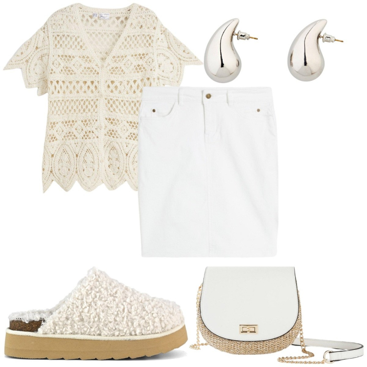 Outfit donna - Total look #2174988. Stile Boho per Tutti i giorni. Abbinamento con borse a tracolla, cardigans, gonne, orecchini, sabot.