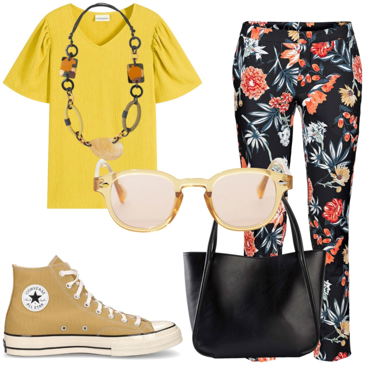 Outfit donna - Praticità e stile. Stile Casual per Tutti i giorni. Abbinamento con pantaloni, t-shirt, shopping bag, occhiali da sole, collane, sneakers.