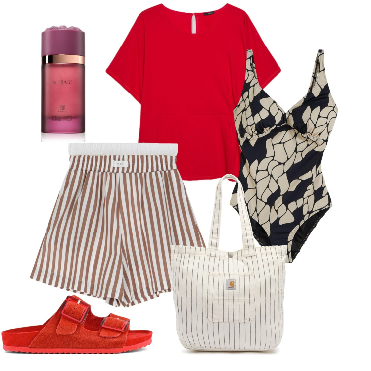 Outfit donna - Mare. Stile Chic per Mare. Abbinamento con costumi interi, profumi, pantaloni corti, bluse, sandali, borse tote.