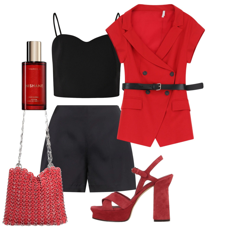Outfit donna - Rosso di sera. Stile Chic per Serata fuori. Abbinamento con sandali in pelle, borse a spalla, profumi, top, blazer, shorts.