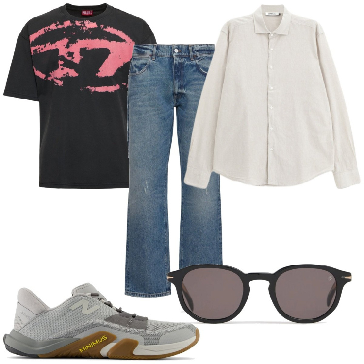 Outfit uomo - Total look #2174998. Stile Trendy per Tutti i giorni. Abbinamento con sneakers, camicie, occhiali da sole, jeans, t-shirt.