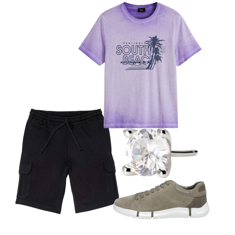 Outfit uomo - Estate. Stile Casual per Tutti i giorni. Abbinamento con bermuda, t-shirt, sneakers, orecchini.