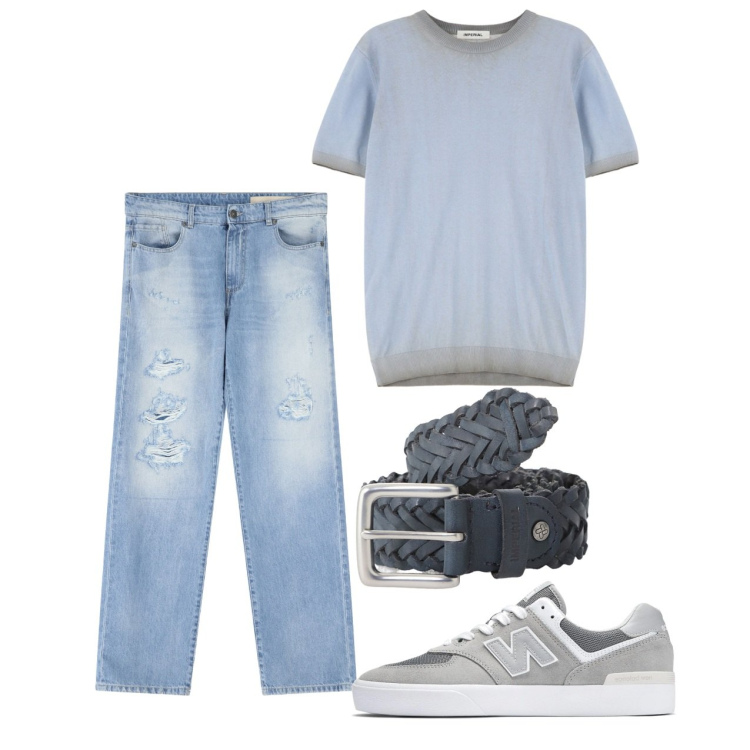 Outfit uomo - Bordino grigio. Stile Casual per Tutti i giorni. Abbinamento con sneakers, cinture, maglieria, jeans strappati.