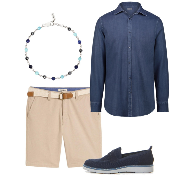 Outfit uomo - Pomeriggio fresco. Stile Casual per Tutti i giorni. Abbinamento con bermuda, braccialetti, camicie, scarpe stringate.