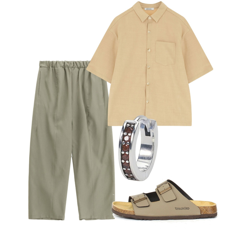 Outfit uomo - Piena estate. Stile Casual per Tutti i giorni. Abbinamento con orecchini, camicie a manica corta, pantaloni, sandali.