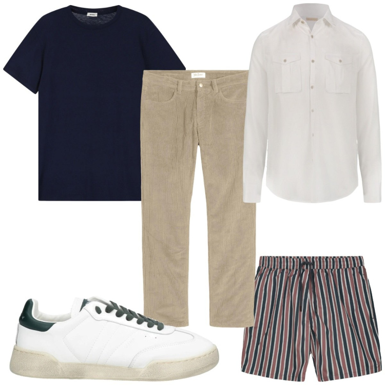 Outfit uomo - Total look #2175007. Stile Trendy per Mare. Abbinamento con pantaloni, sneakers, t-shirt, camicie, costumi.
