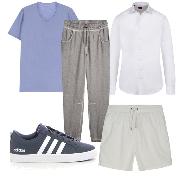 Outfit uomo - Total look #2175017. Stile Trendy per Mare. Abbinamento con pantaloni, t-shirt, costumi, camicie, sneakers.