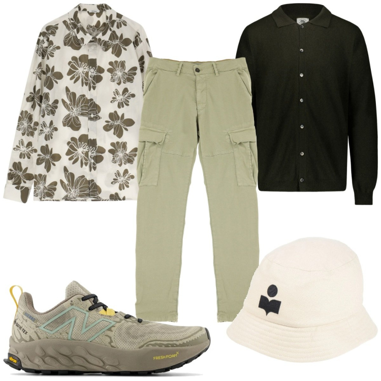 Outfit uomo - Total look #2175019. Stile Trendy per Tutti i giorni. Abbinamento con cappelli, sneakers, camicie, pantaloni cargo, polo.