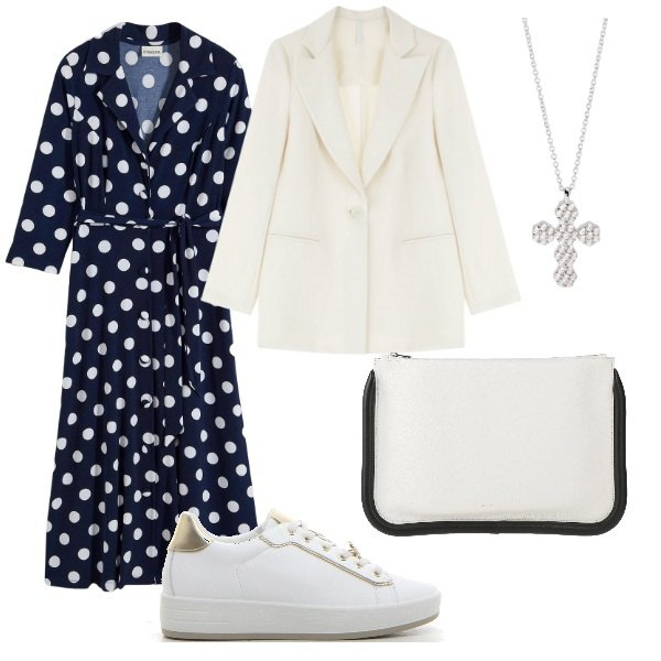 Outfit donna - un aperitivo. Stile Casual per Serata fuori. Abbinamento con vestiti chemisier, borse a mano, ciondoli, blazer, sneakers.