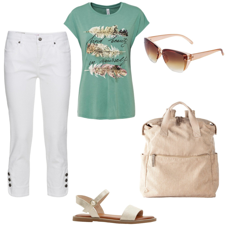 Outfit donna - Verde bianco il pomeriggio. Stile Casual per Tutti i giorni. Abbinamento con t-shirt, occhiali da sole, jeans slim fit, sandali, zaini.
