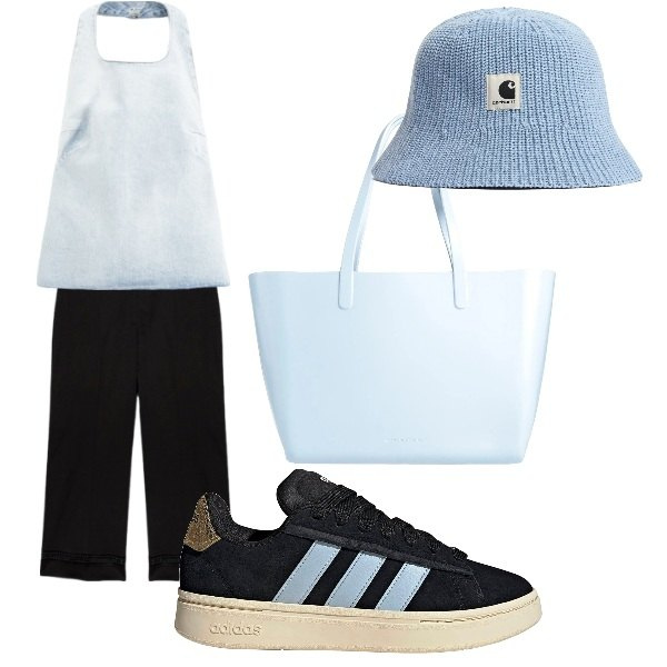 Outfit donna - serena. Stile Casual per Tutti i giorni. Abbinamento con borse a spalla, canottiere, pantaloni, sneakers, cappelli.