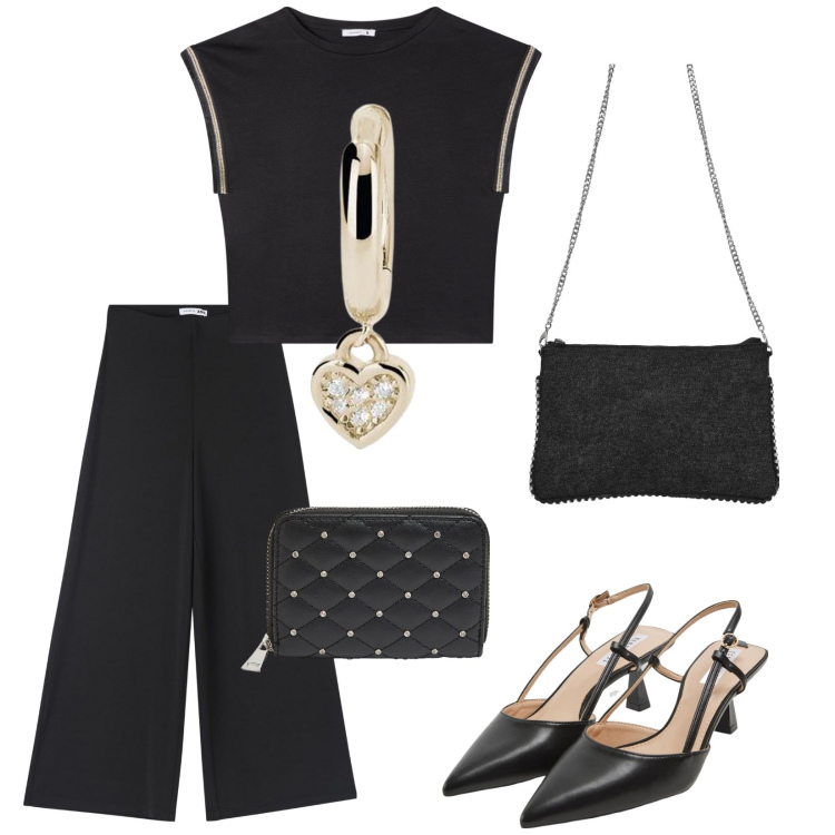 Outfit donna - Terranova di sera. Stile Vintage retrò per Serata fuori. Abbinamento con t-shirt, pantaloni culotte, sabot, borse a tracolla, portafogli, orecchini.