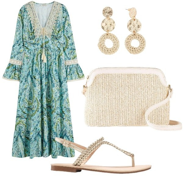 Outfit donna - sera in spiaggia. Stile Chic per Mare. Abbinamento con borse a tracolla, ciabatte, orecchini, vestiti.
